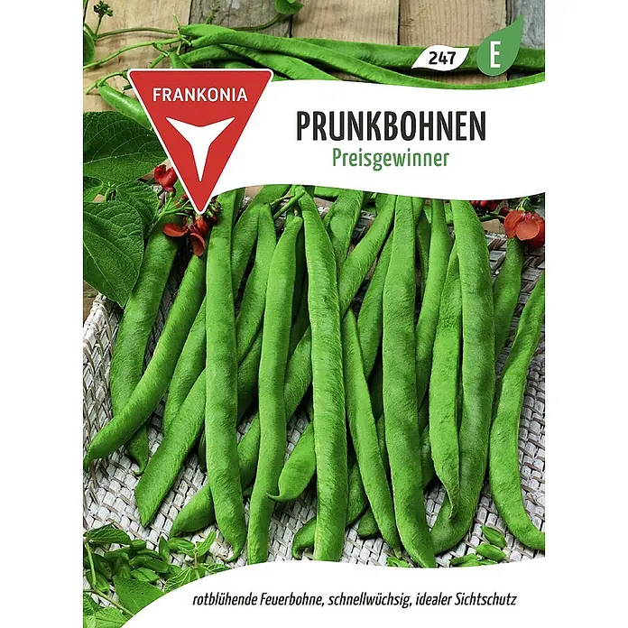 Frankonia Samen Saatgut Prunk- und Feuerbohne, Preisgewinner - Phaseolus cossineus, 5,17 g - Grüne Prunkbohnen in einem Korb, mit roten Blüten, auf einer Frankonia Samenpackung.