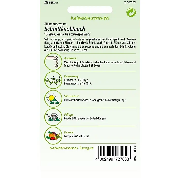 Samen Pfann Saatgut Schnittknoblauch, Shiva - Allium tuberosum, 1,6 g - Samenpackung für Schnittknoblauch 'Shiva' mit Pflanzanleitung und Barcode.