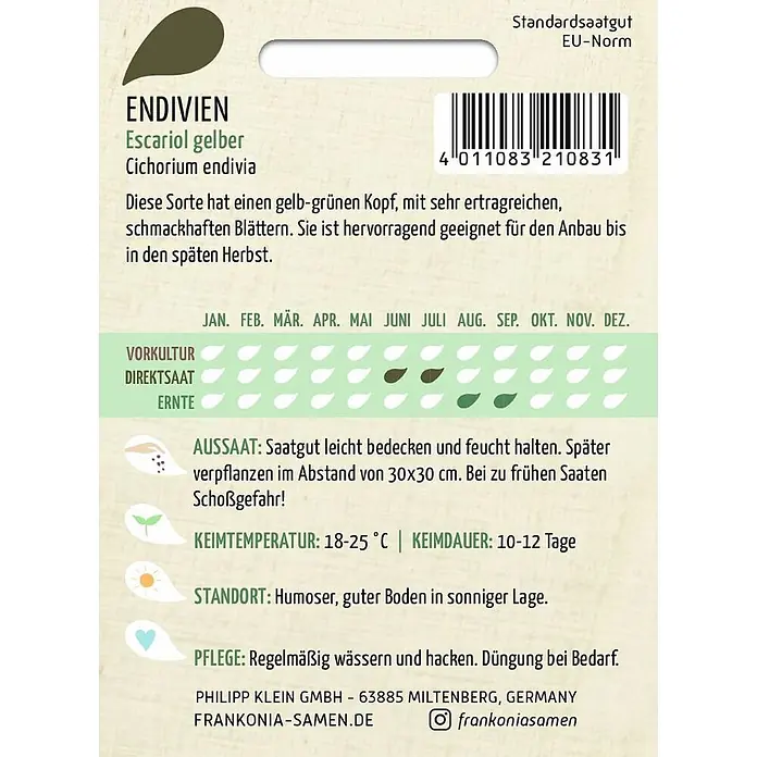 Frankonia Samen Saatgut Endivie, Escariol gelber - Cichorium endivia, 1,63 g - Samentüte für Endivien (Escarol gelb) mit Anbauinformationen zu Aussaat, Keimtemperatur, Standort und Pflege.