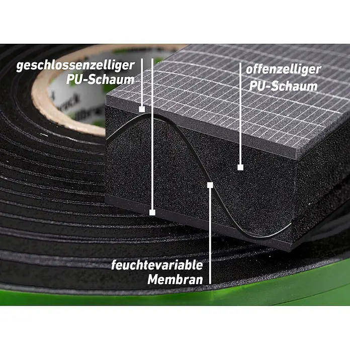 Illbruck Multifunktionsdichtungsband TP654 ML-Tech Pro - Fugenbreite: 6 mm - 15 mm, Fugentiefe: 58 mm, Länge: 6 m, Anthrazit, Passend für: Fenster- und Türenmontage - Mehrschichtiges schwarzes Schaumband mit geschlossen- und offenzelligem PU-Schaum sowie feuchtevariabler Membran für optimale Abdichtung.