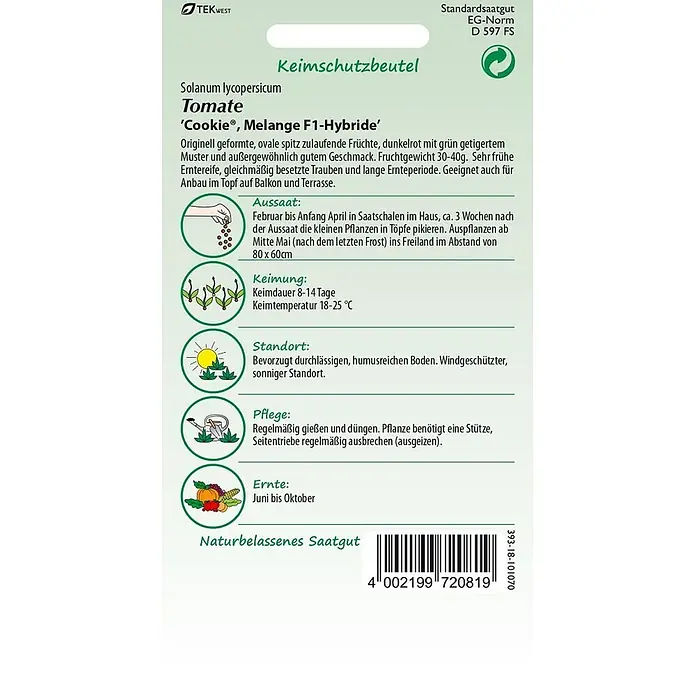 Samen Pfann Saatgut Tomate, Cookie (Melange F1) - Solanum lycopersicum, 1,6 g - Ein Keimschutzbeutel für Tomatensamen der Sorte 'Cookie®, Melange F1-Hybride' mit Anbauanweisungen.