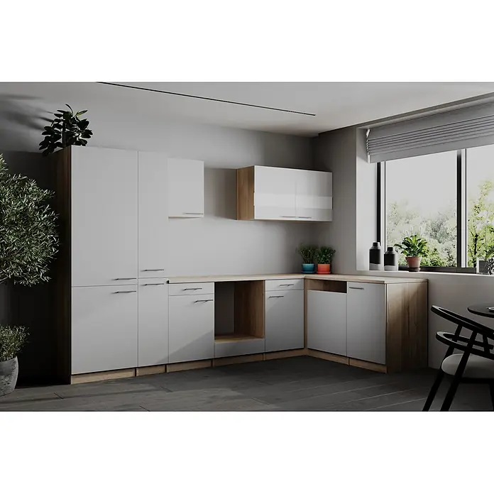 Respekta Merle Küchenleerblock - B x L: 310 x 172 cm, Weiß, Ohne Elektrogeräte - Moderne Küche mit weißen und holzfarbenen Schränken und heller Holzplatte.