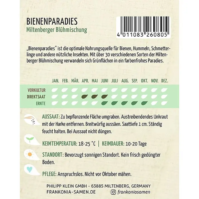 Frankonia Samen Saatgut Bienenparadies, Miltenberger Blühmischung -  - Saatgutetikett für 'Bienenparadies Miltenberger Blühmischung' Wildblumenmischung mit Pflanzanleitung, Barcode und Firmeninformationen.