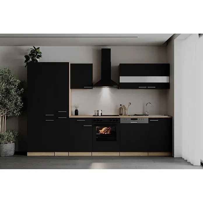 Respekta Küchenzeile Merle - Breite: 310 cm, Schwarz, Mit Elektrogeräten - Moderne schwarze Küchenzeile mit Holzplatten, Einbaugeräten und sichtbarem Backofen.