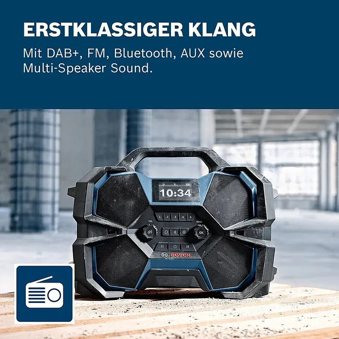 Bosch Professional AMPShare 18V Bluetooth-Lautsprecher GPB 18V-6 C - 18 V, Ohne Akku - Robustes blau-schwarzes Bosch Baustellenradio mit Digitalanzeige, DAB+, FM, Bluetooth und AUX.
