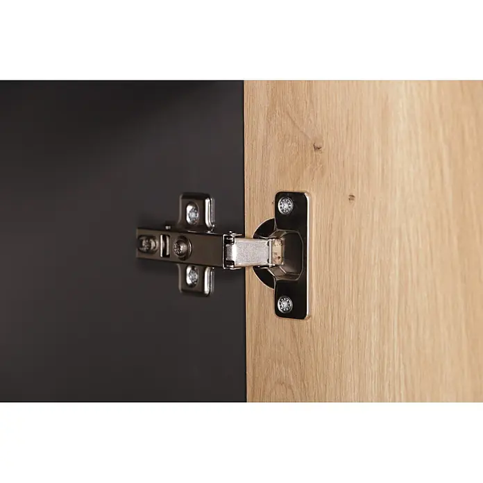 Respekta Hängeschrank Oliver - Breite: 50 cm, Artisan Eiche, 3 Stk. - Silbernes Möbelscharnier zwischen einer hellen Holztür und einer dunklen Schrankinnenseite installiert.
