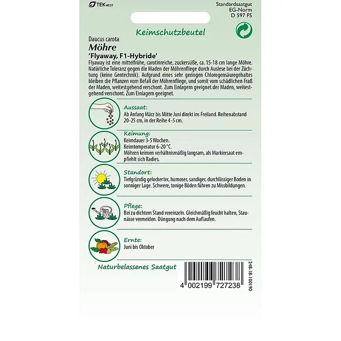 Samen Pfann Saatgut Möhre, Flyaway - Daucus carota - Weiße Samenpackung für Möhre 'Flyaway, F1-Hybride' mit grüner Schrift und Anbauanleitungen.