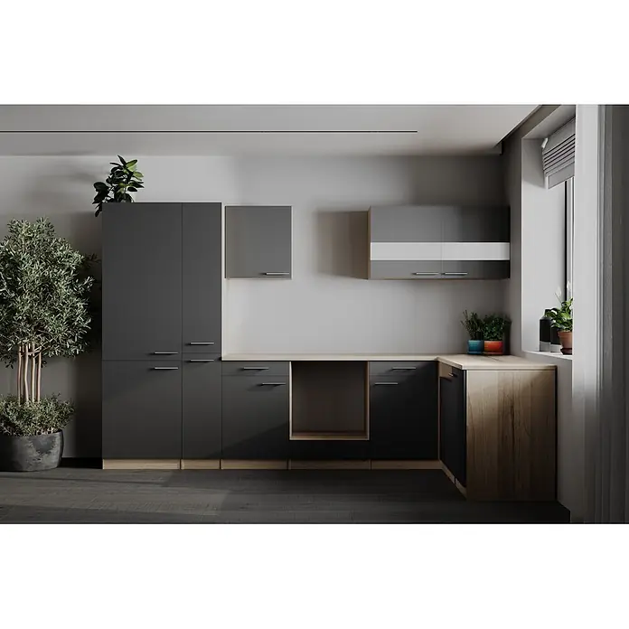 Respekta Merle Küchenleerblock - B x L: 310 x 172 cm, Grau, Ohne Elektrogeräte - Moderne Küche mit dunkelgrauen Schränken und hellen Holz-Arbeitsplatten, mit Stauraum und Nutzbereich.
