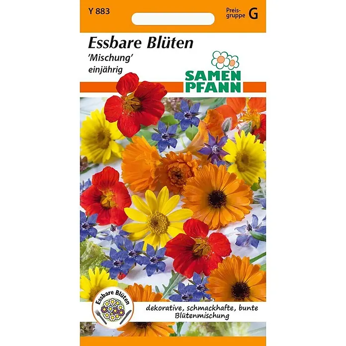 Samen Pfann Saatgut Blumenmischung, Essbare Blüten -  - Samen-Tüte mit Abbildung einer bunten Mischung essbarer Blüten zum Pflanzen.