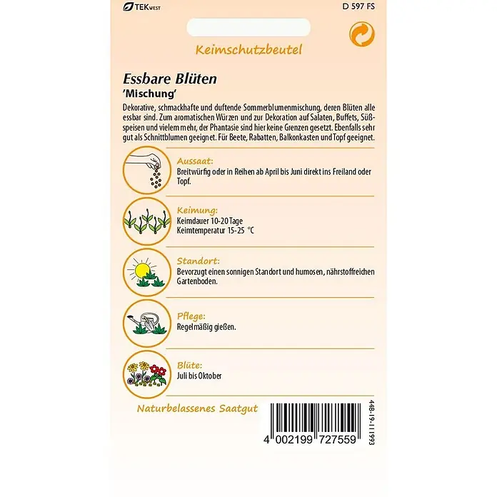 Samen Pfann Saatgut Blumenmischung, Essbare Blüten -  - Weiß-orangefarbene Saatmischung für essbare Blüten mit deutscher Pflanzanleitung und Barcode.