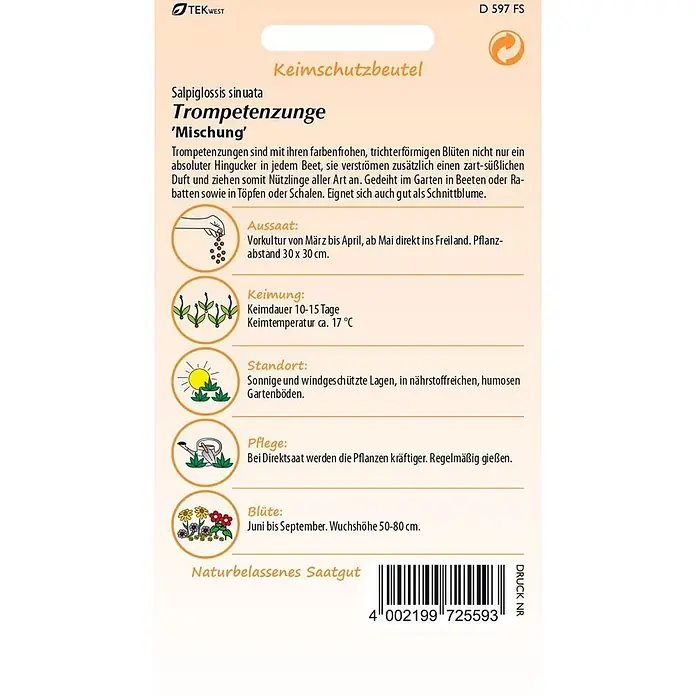 Samen Pfann Saatgut Trompetenzunge - Salpiglossis sinuata, 1,6 g - Informationsetikett für Trompetenzunge (Salpiglossis sinuata) Saatgut, mit Anbauanweisungen und Barcode.