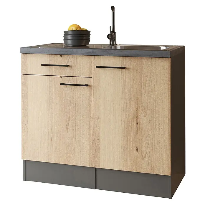Respekta Komplettspüle - 100 x 60 cm, Artisan Eiche Nachbildung, Ohne Oberschrank - Küchenunterschrank aus hellem Holz mit dunkelgrauer Arbeitsplatte, Spüle, Armatur und schwarzen Griffen. Mit zwei Schubladen und zwei Türen.