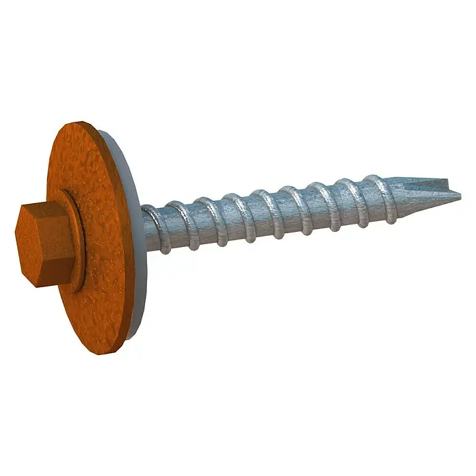 Sarei Piccolo Fassadenschraube - Ø x L: 6 x 38 mm, Edelstahl, 25 Stk., Ziegelrot - Nahaufnahme einer verzinkten Bohrschraube mit orangefarbenem Sechskantkopf und Unterlegscheibe vor einem neutralen Hintergrund.