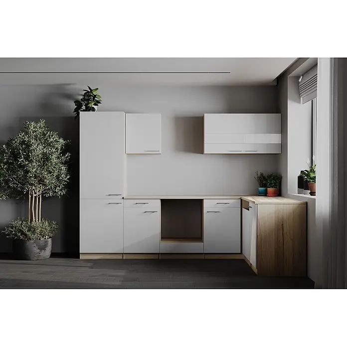 Respekta Merle Küchenleerblock - B x L: 280 x 172 cm, Weiß, Ohne Elektrogeräte - Moderne L-förmige Küchenschränke in hellem Holz und Weiß, mit Unter- und Oberschränken und offenem Gerätestellplatz.