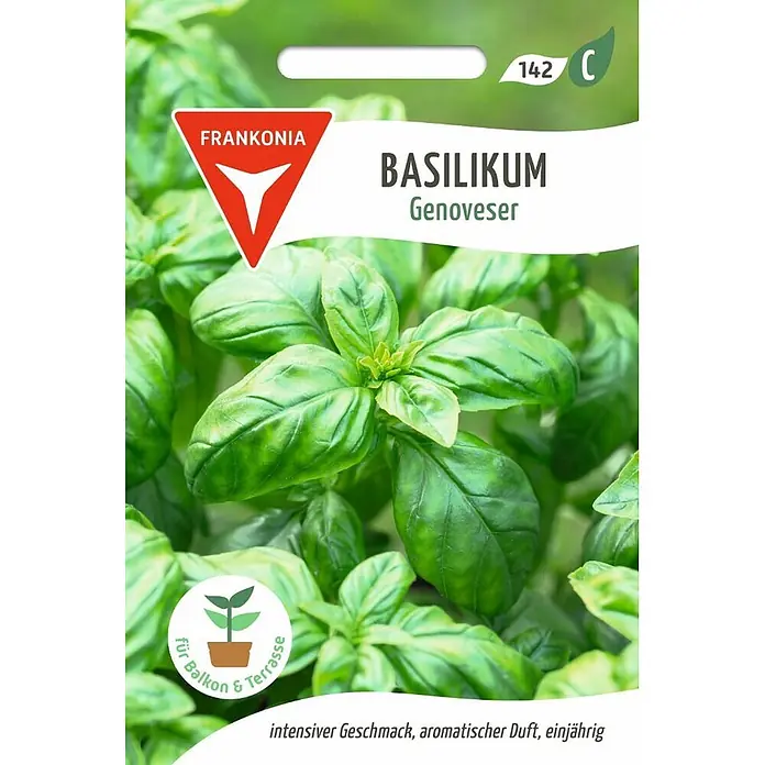 Frankonia Samen Saatgut Basilikum, Genoveser - Ocimum basilicum, 1,48 g - Frankonia Genoveser Basilikum-Samenpaket mit grüner Basilikumpflanze, intensiver Geschmack für Balkon & Terrasse.