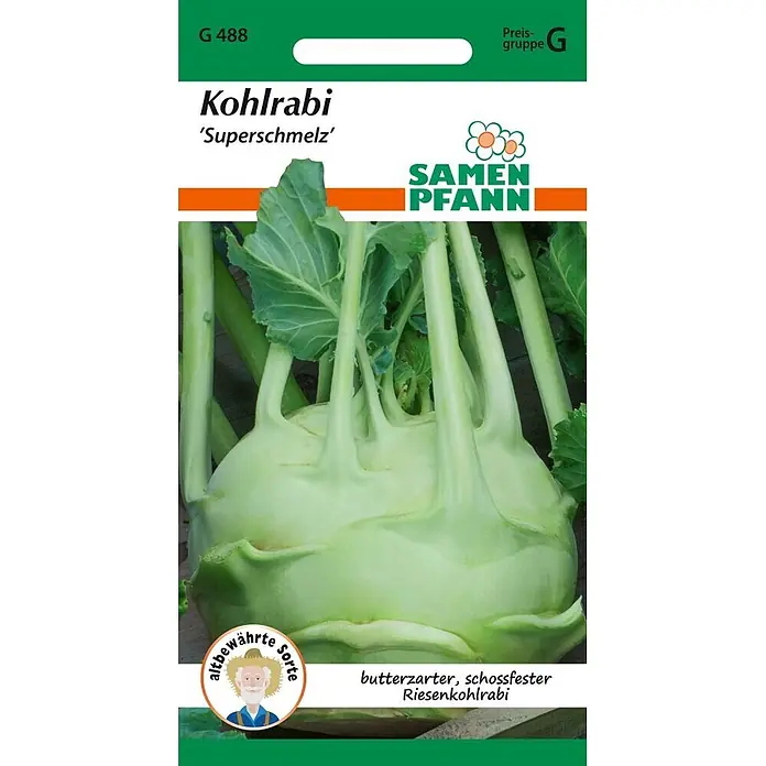 Samen Pfann Saatgut Kohlrabi, Superschmelz (Riesenkohlrabi) - Brassica oleracea, 1,6 g - Samenpäckchen für Kohlrabi der Sorte 'Superschmelz' mit Abbildung einer hellgrünen Kohlrabipflanze.