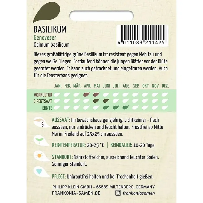 Frankonia Samen Saatgut Basilikum, Genoveser - Ocimum basilicum, 1,48 g - Samentüte für Genoveser Basilikum, grün-braun, mit Pflanzanleitung und Barcode.