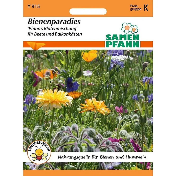 Samen Pfann Saatgut Blumenmischung, Bienenparadies -  - Samenpackung 'Bienenparadies' für bienenfreundliche Blumenmischung, zeigt bunte Blumen.