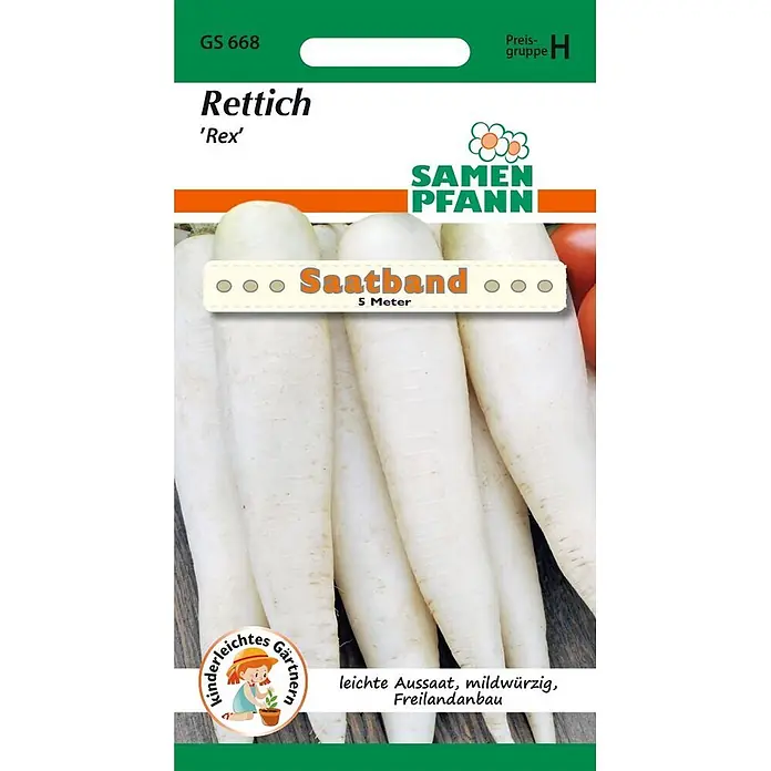 Samen Pfann Saatgut Rettich, Rex Saatband - Raphanus sativus, 2,5 g - Saatgutpackung für weiße Rettich 'Rex' Samen, zeigt lange, weiße Rettiche. Enthält 'Saatband' für 5 Meter einfache Aussaat.