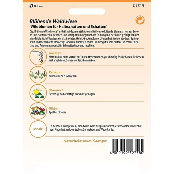 Samen Pfann Saatgut Blühende Waldwiese -  - Saatguttüte "Blühende Waldwiese" Wildblumenmischung, beige, mit deutschem Text und Piktogrammen für Anweisungen.