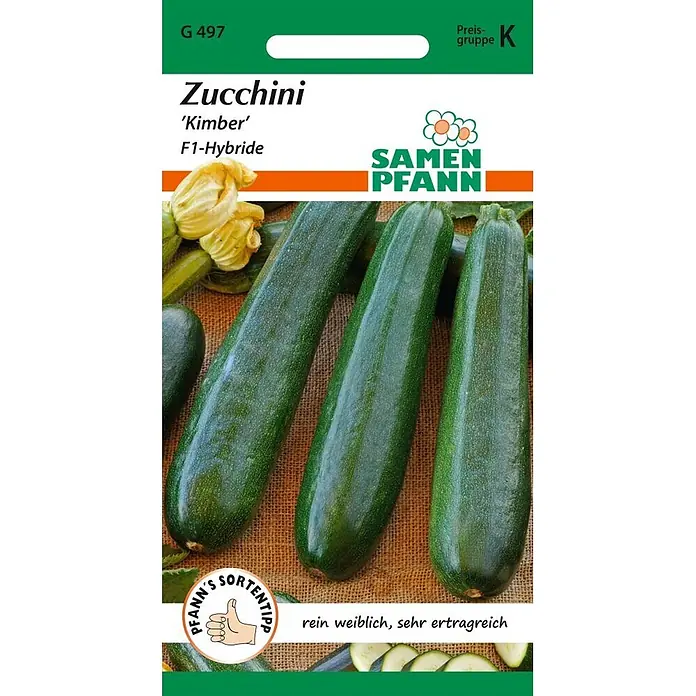 Samen Pfann Saatgut Zucchini, Kimber F1 - Cucurbita pepo, 1,6 g - Samenpaket 'Zucchini Kimber' F1-Hybride mit grünen Zucchini. Text: rein weiblich, sehr ertragreich.