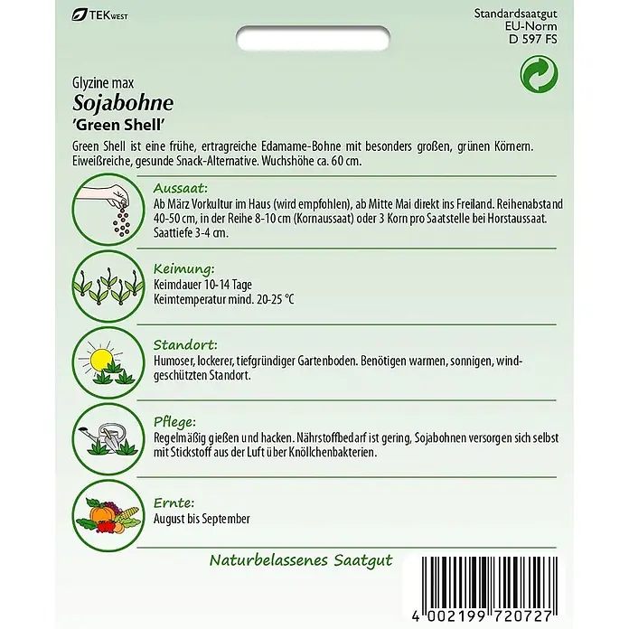 Samen Pfann Saatgut Sojabohne Edamame, Green Shell - Glyzine max - Hellgrüne Sojabohnen-Samentüte 'Green Shell' mit Pflanzanleitung und dunkler Schrift.