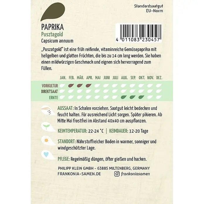 Frankonia Samen Saatgut Paprika, Pusztagold - Capsicum annuum, 1,47 g - Samenbällchen für Paprika 'Pusztagold' mit Anbauinformationen.