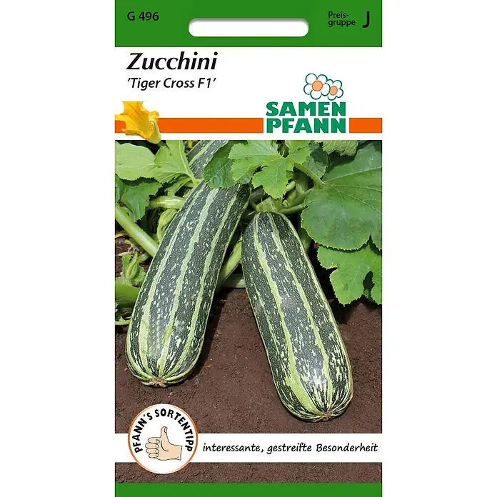 Samen Pfann Saatgut Zucchini, Tiger Cross F1 - Cucurbita pepo, var. Tiger Cross F1, 1,6 g - Samentüte für Zucchini 'Tiger Cross F1' mit Abbildung von zwei grün-weiß gestreiften Zucchini an der Pflanze.