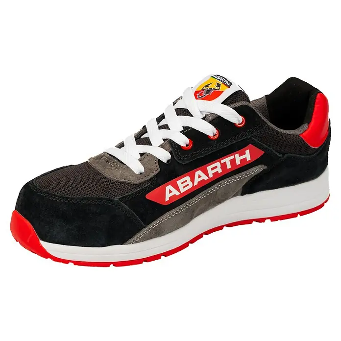 Abarth Zapato bajo de seguridad 595 - 44, Clase de protección según EN ISO 20345: S3, Negro/Rojo - Zapatilla Abarth negra y gris con detalles rojos, cordones y suela blancos.