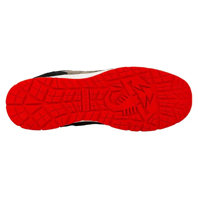 Abarth Zapato bajo de seguridad 595 - 44, Clase de protección según EN ISO 20345: S3, Negro/Rojo - Suela de zapato de goma roja con patrón de agarre texturizado, logo 'ABARTH' y diseño de escorpión estilizado.