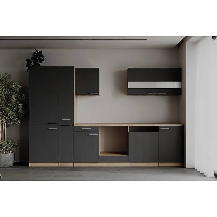Respekta Merle Küchenleerblock - Breite: 310 cm, Grau, Ohne Elektrogeräte - Moderne Modulküche in Dunkelgrau mit hellen Holzakzenten und vielseitigem Stauraum.