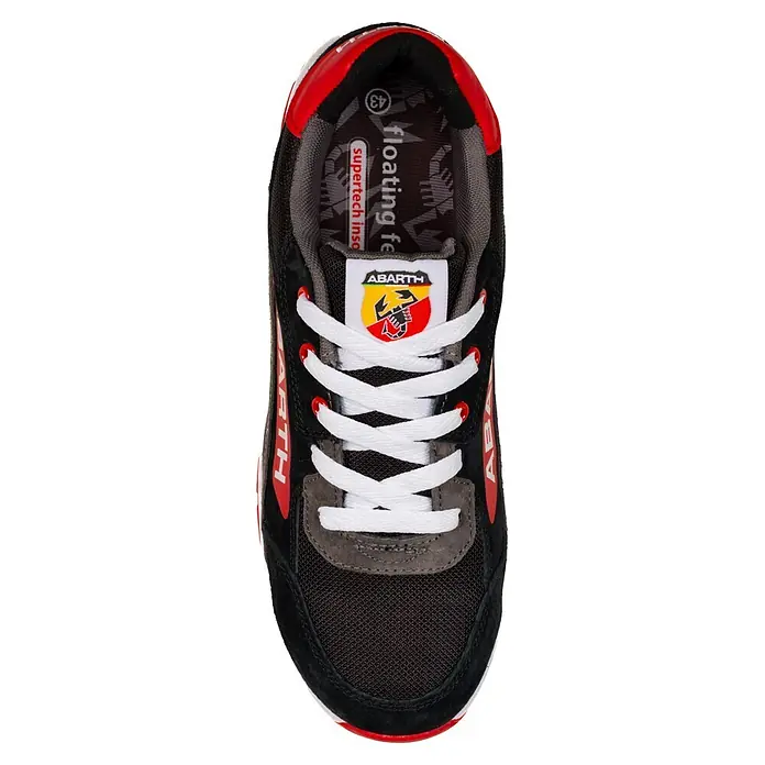 Abarth Zapato bajo de seguridad 595 - 44, Clase de protección según EN ISO 20345: S3, Negro/Rojo - Vista superior de una zapatilla Abarth negra con parte superior de malla, detalles rojos, cordones blancos y ribetes grises.