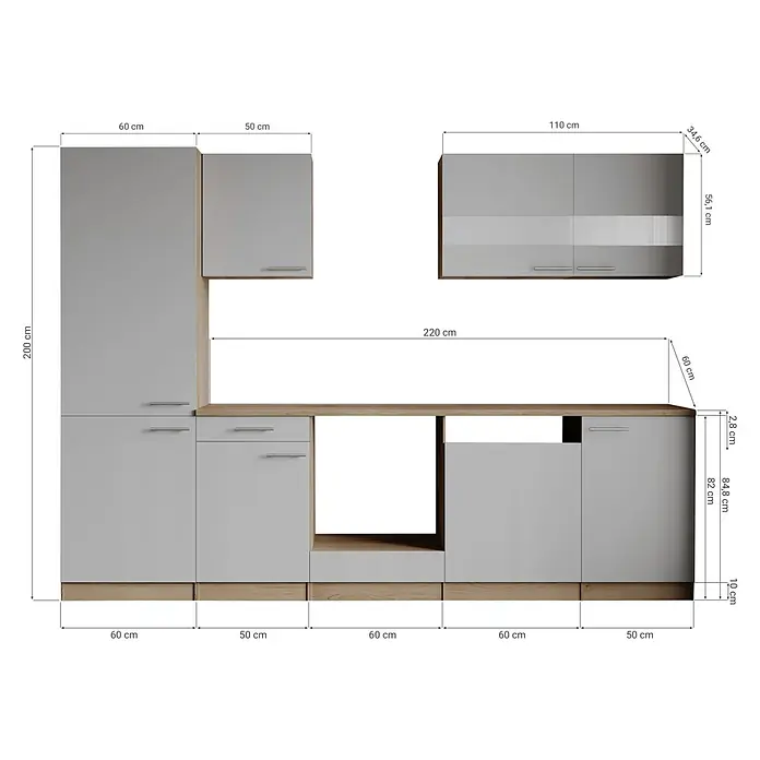 Respekta Merle Küchenleerblock - Breite: 280 cm, Schwarz, Ohne Elektrogeräte - Modulares hellgraues Küchenschrank-Set mit Holzdetails, Metallgriffen, Unterschränken, Hochschrank und Oberschränken in verschiedenen Größen.