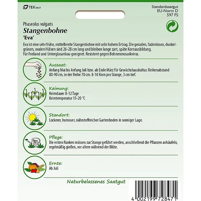 Samen Pfann Saatgut Stangenbohne, Eva - Phaseolus vulgaris, 6,2 g - Grün-weiße Samentüte für Stangenbohnen 'Eva' mit Pflanzanleitung, Ernteinformationen und Barcode.