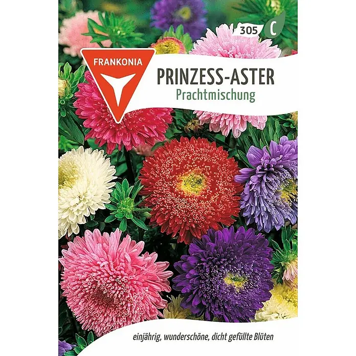 Frankonia Samen Saatgut Prinzess-Aster, Prachtmischung - Callistephus chinen, 1,48 g - Bunte Prachtmischung gefüllter Prinzess-Astern, einjährige, wunderschöne, dicht gefüllte Blüten.