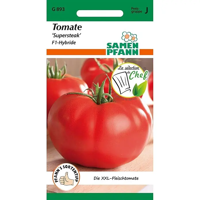 Samen Pfann Saatgut Tomate, Supersteak F1 (XXL-Tomate) - Solanum lycopersicum, 1,6 g - Samen Pfann Samentüte für 'Supersteak' F1-Hybride XXL-Fleischtomaten, mit Abbildung großer roter Tomaten.