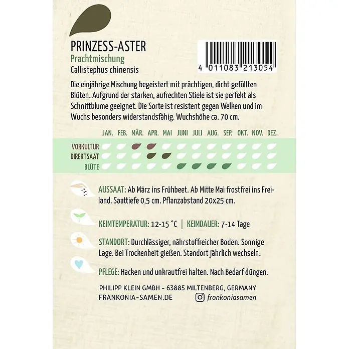 Frankonia Samen Saatgut Prinzess-Aster, Prachtmischung - Callistephus chinen, 1,48 g - Samentüte für Prinzess-Aster 'Prachtmischung' (Callistephus chinensis) mit Pflanzanweisungen.