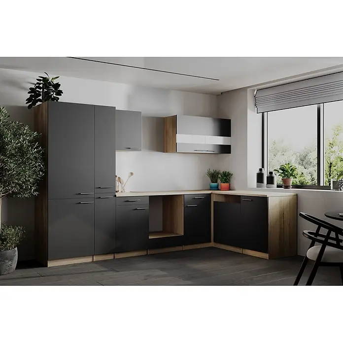 Respekta Merle Küchenleerblock - B x L: 310 x 172 cm, Grau, Ohne Elektrogeräte - Moderne L-förmige Küchenzeile mit mattgrauen und schwarzen Schränken, hellen Holzplatten und dunklen Holzseitenwänden.