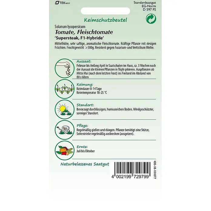 Samen Pfann Saatgut Tomate, Supersteak F1 (XXL-Tomate) - Solanum lycopersicum, 1,6 g - Tomaten-Saatgutpackung für 'Supersteak, F1-Hybride' mit Aussaat-, Pflege- und Erntereanweisungen.