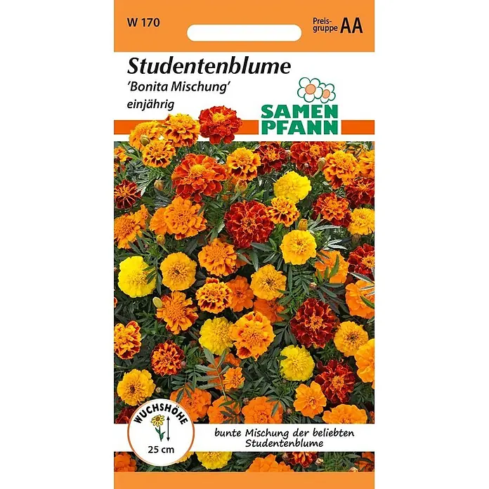 Samen Pfann Saatgut Tagetes, Bonita Mix - Tagetes erecta, 1,6 g - Samenpäckchen 'Studentenblume Bonita Mischung' mit gelben, orangen, roten Blüten. Marke: SAMEN PFANN.