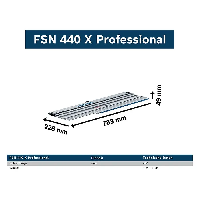 Bosch Professional Führungsschiene FSN 440 X - L x B x H: 783 x 228 x 49 mm - Bosch FSN 440 X Professional Führungsschiene, 783 mm lang, 228 mm breit und 49 mm hoch, aus silbernem Metall mit blauen Details.