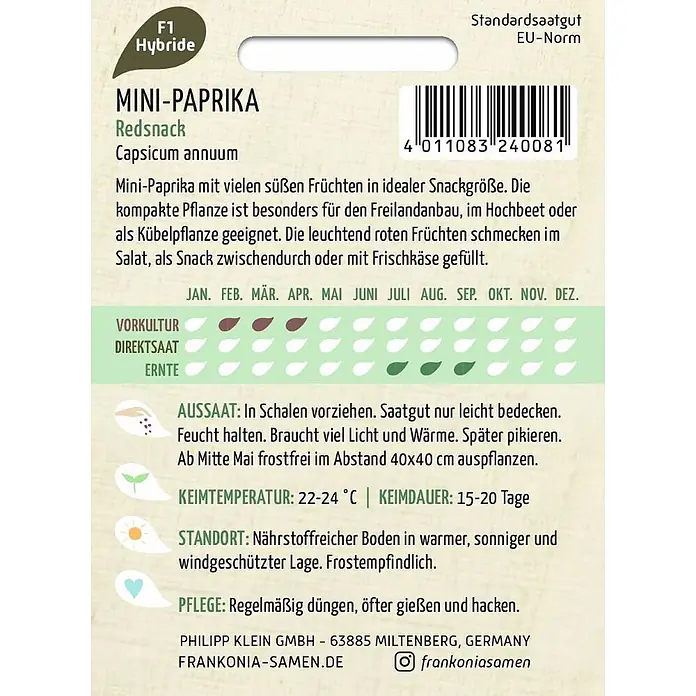 Frankonia Samen Saatgut Mini-Paprika, Redsnack - Capsicum, 1,77 g - Saatguttüte für F1 Hybrid Mini-Paprika 'Redsnack' mit Pflanzanleitung und Barcode.