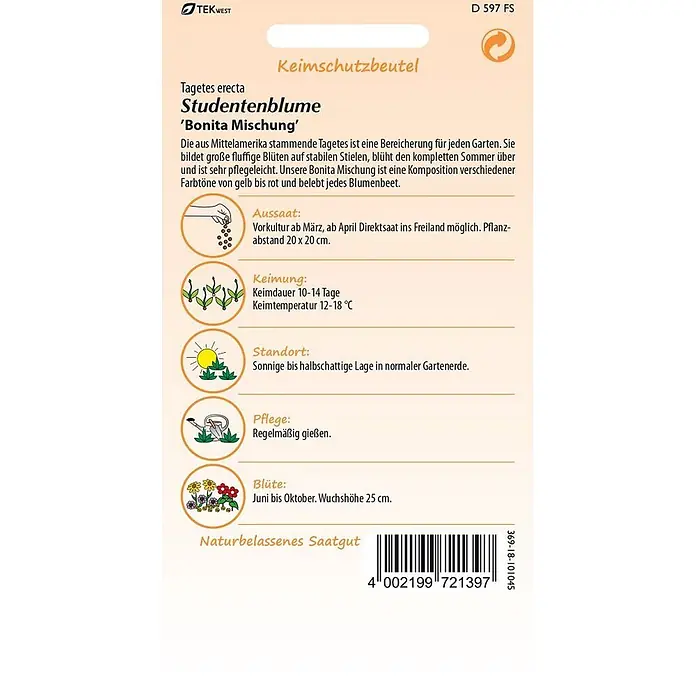 Samen Pfann Saatgut Tagetes, Bonita Mix - Tagetes erecta, 1,6 g - TEKWEST Saatguttüte für Studentenblume 'Bonita Mischung' mit allen Pflanzinformationen.