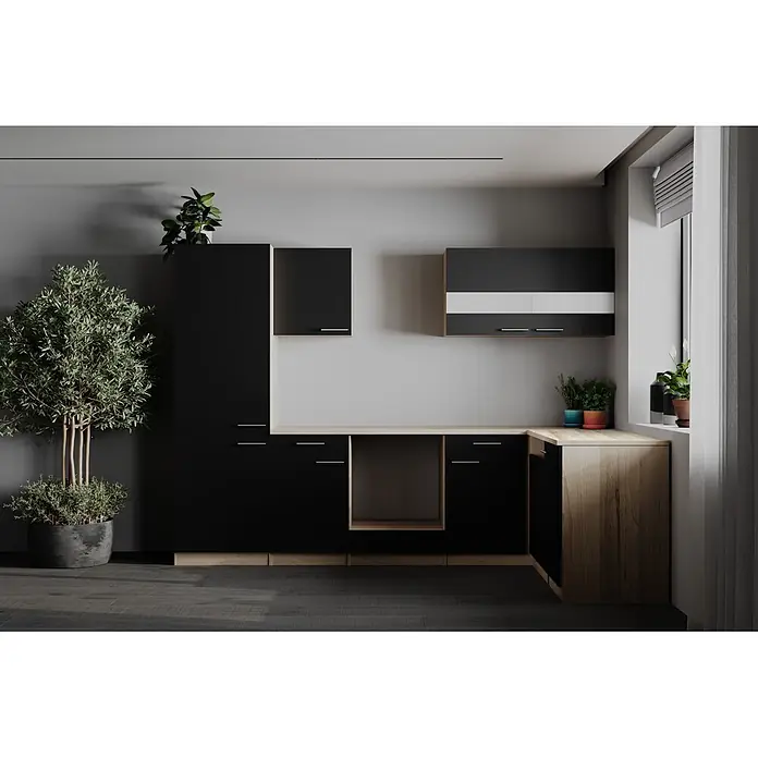 Respekta Merle Küchenleerblock - B x L: 280 x 172 cm, Schwarz, Ohne Elektrogeräte - Moderne schwarze Küchenmöbel mit hellen Holz-Arbeitsplatten, in einer L-förmigen Anordnung.