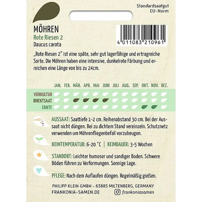 Frankonia Samen Saatgut Möhre, Rote Riesen 2 - Daucus carota, 1,58 g - Samenpäckchen für Möhren "Rote Riesen 2" mit Anbauanleitung und Produktinformationen.