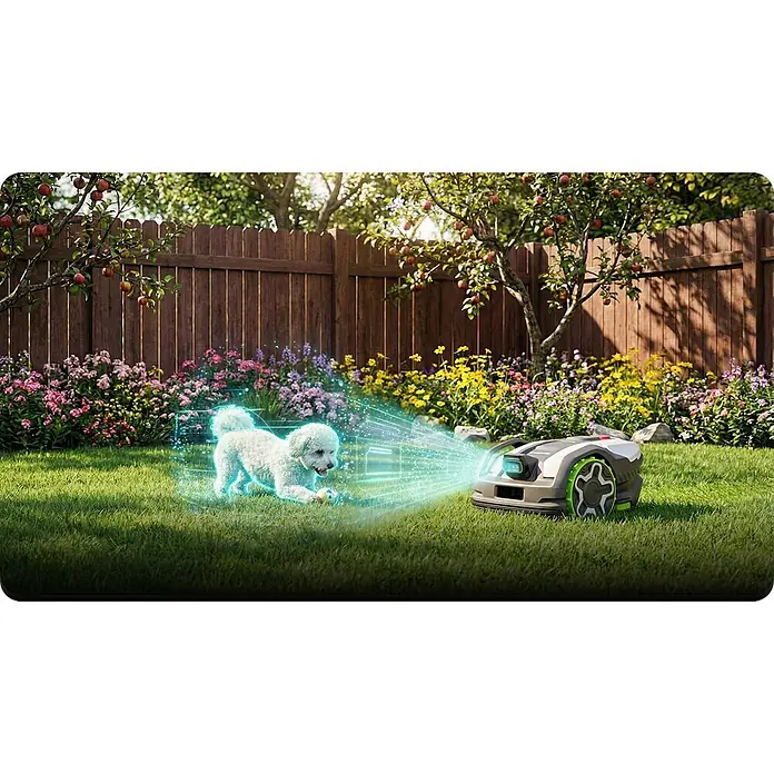 Greenworks Mähroboter AI Mowbot 10 GW KI RTK+VISION - 1.000 m², Schnittbreite: 20 cm, Satellitengestützte Navigation, RTK - Grauer Mähroboter mit grünen Rädern, der einen Hologramm-Hund im Garten projiziert.