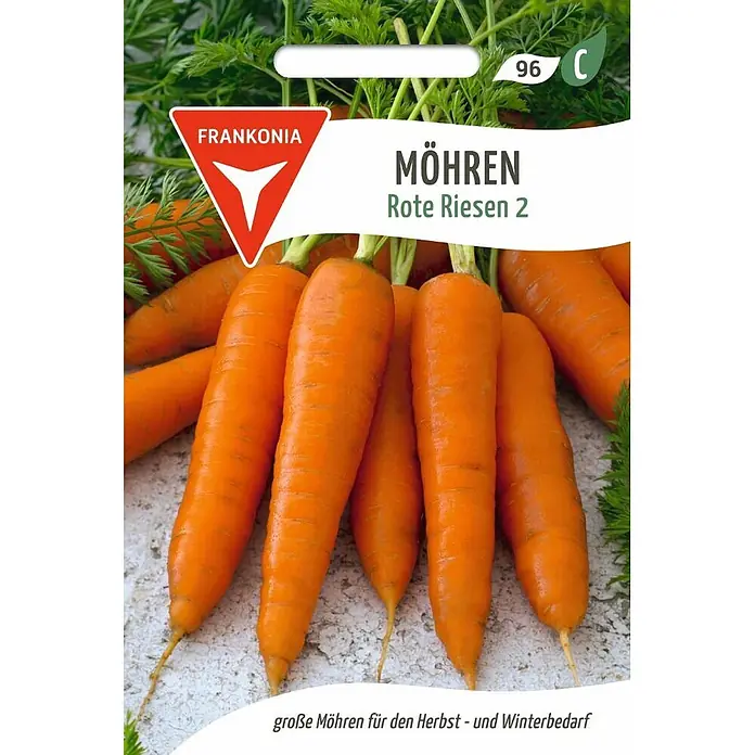 Frankonia Samen Saatgut Möhre, Rote Riesen 2 - Daucus carota, 1,58 g - Samentüte für 'Frankonia Rote Riesen 2' Möhren, zeigt große orangefarbene Karotten mit grünem Laub für Herbst- und Winterbedarf.
