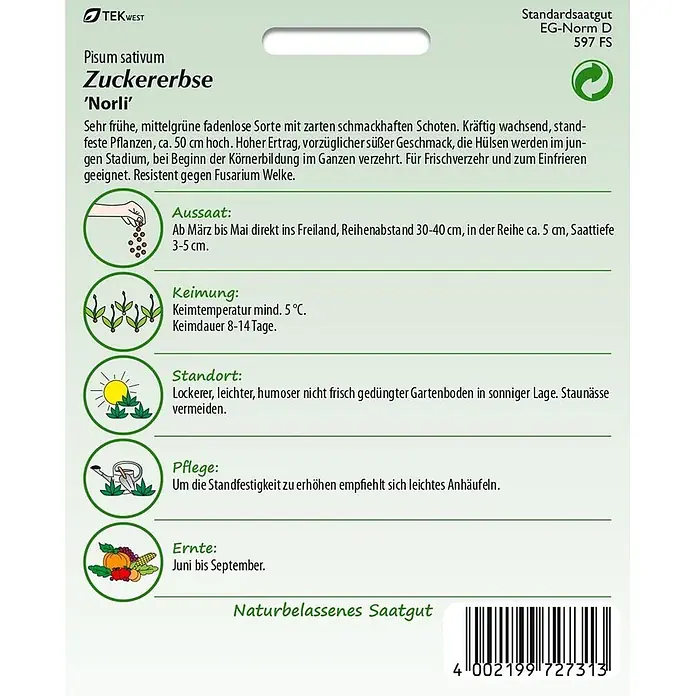 Samen Pfann Saatgut Zuckererbse, Norli - Pisum sativum, 6,2 g - Samenpackung für Zuckererbse 'Norli' mit Pflanzanleitung und Erntezeitangaben.