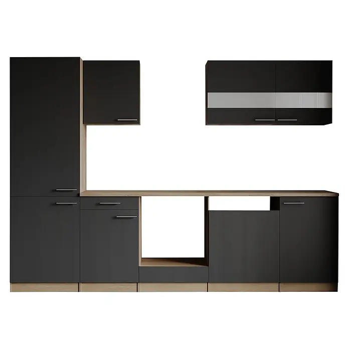 Respekta Merle Küchenleerblock - Breite: 280 cm, Grau, Ohne Elektrogeräte - Moderne dunkelgraue Küchenschrankkombination mit hellen Holzdetails und Metallgriffen, bestehend aus verschiedenen Stauraummodulen und einer Arbeitsplatte.