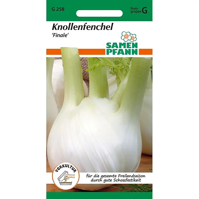 Samen Pfann Saatgut Knollenfenchel, Finale - Foeniculum vulgare, 1,6 g - Samen Pfann 'Finale' Knollenfenchel-Samentüte mit großem Bild einer weißen Fenchelknolle.